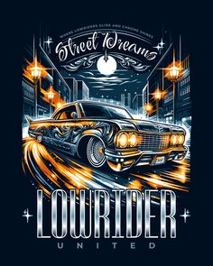 Capture the essence of the lowrider culture with this stunning "Street Dreams" t-shirt design template. Featuring a vibrant and detailed illustration of a classic lowrider car cruising under streetlights, this editable template allows for easy customization to reflect your unique style. Perfect for creating eye-catching and stylish t-shirts that celebrate the lowrider lifestyle. __ #kittl #kittldesign #kittlai #tshirtdesign #apparel #streetwear #illustration #graphicdesign #designtool #vectordesign #designinspiration Ladies Graphic Tees, Car Tshirt Design Ideas, Lowrider Culture, Dtf Shirts, Street Dreams, T-shirt Design Illustration, T Shirt Design Template, Racing Car Design