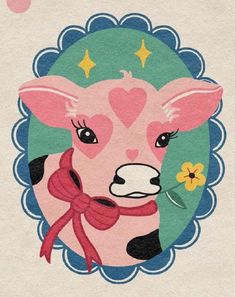 a painting of a cow with a heart on it's face and a bow around its neck