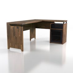 a computer desk with an open drawer underneath it