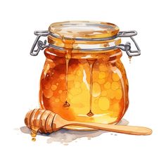 a jar of honey with a wooden spoon next to it