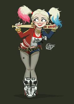 a drawing of a girl with pink hair holding a trombone in her hand and wearing roller skates