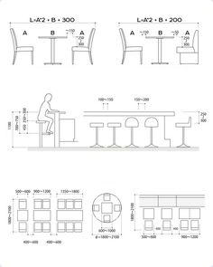 an architectural drawing shows the various seating options for different tables and chairs, including one with a person sitting at a table