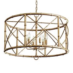 a bamboo chandelier with four lights hanging from it's centerpieces