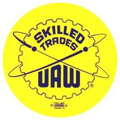 a yellow circular sticker with the words skilled trades and tools on it's side