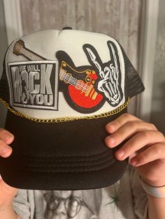 Rock You premade Trucker Hat, Rock & Roll, Guitar, chain added, These are premade, not made to order, what you see is what you will receive. Rock Friends, Rock Roll, What You See, Trucker Cap, Rock And Roll, Caps Hats, Trucker Hat, Accessories Hats, Bathing Beauties