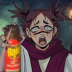 an animated image of a man with his mouth open holding a bottle of hair dye