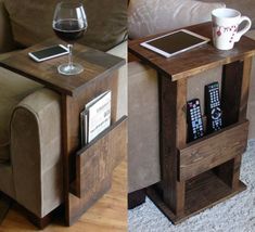 two side by side pictures of a table with a remote control and a wine glass on it