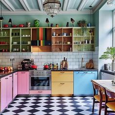 a kitchen with checkered flooring and colorful cupboards on the wall above the stove