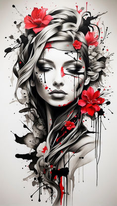 a woman's face with red flowers on her head and black paint splatters