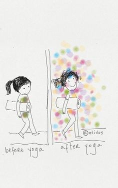 a drawing of two people doing yoga in front of a wall with dots on it