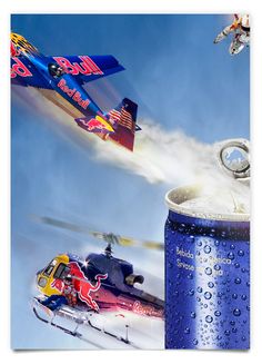 two red bull helicopters flying over a blue can