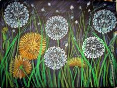 a painting of dandelions on a black background