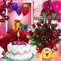 a happy birthday card with balloons, flowers and cake in the center is an emoticive smiley face