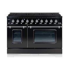 a black stove top oven with two burners and one door on the front, against a white background