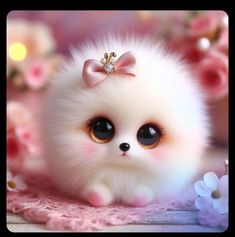 a small white kitten with big eyes and a bow on its head