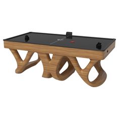 a wooden table with a black top and two red buttons on the bottom, in front of a white background