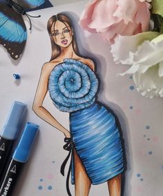 a drawing of a woman in a blue dress