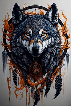 a painting of a wolf with feathers and dream catchers on it's head