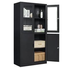 a black cabinet with its doors open next to a mirror