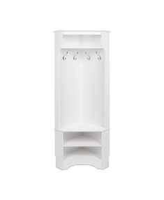 a white corner shelf with three hooks on it