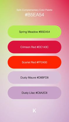 Split–Complementary Color Palette Spring Meadow #B5EA54 · Crimson Red #DC143C · Scarlet Red #FF2400 · Dusty Mauve #D8BFD8 · Dusty Lilac #C8A2C8 Color Palette Spring, Palette Spring, Dusty Lilac, Spring Meadow, Dusty Mauve