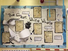 a bulletin board with some writing on it and an image of a white whale in the middle