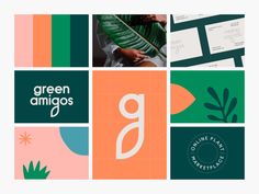 the logo for green amigoss is surrounded by colorful geometric shapes and logos that include plants