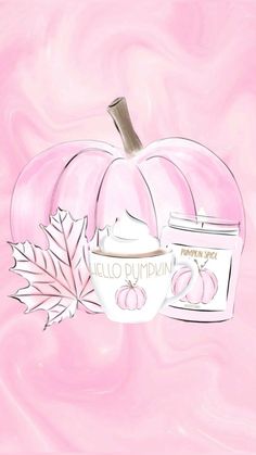 a drawing of a cup with cream in front of a pumpkin and maple leaf on a pink background