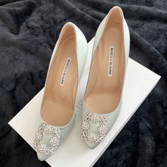 Manolo Blahnik Hangisi Satin Pump - 90mm Heel Height - Light Green Color, Almost Silver In Some Lighting - Upper: 68% Viscose, 32% Silk - Sole: 100% Cowhide Leather - Lining: 100% Kid Leather - Made In Italy - Size Eu 37 / Us 7 - Brand New, Never Used - Comes With Box And 2 Dust Bags Manolo Blahnik Boots, Shoes Manolo Blahnik, Beautiful Wardrobe, Green Pumps, Manolo Blahnik Hangisi, Light Green Color, Blahnik Shoes, Manolo Blahnik Shoes, Satin Pumps