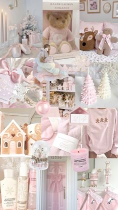 a collage of photos with teddy bears and other items in pink, white and gold colors