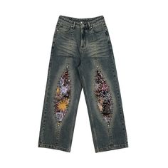 Vintage Firework Distressed Jeans With Relaxed Straight Fit - chiclara Multicolor Distressed Cotton Jeans, Vintage Fireworks, Straight Fit Denim, Mens Cardigan Sweater, Patchwork Jeans, Jacket Parka, Metal Accessories, Washed Denim, Retro Floral