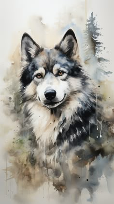 a painting of a wolf with watercolors on it's face and eyes