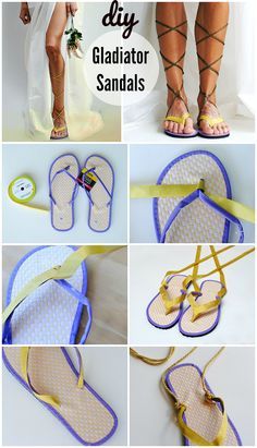 several pictures of different types of gladiator sandals with yellow straps and blue trimmings