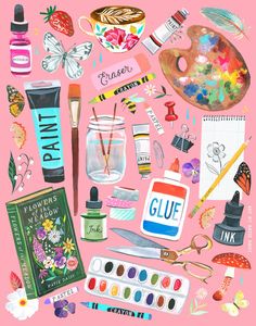 an illustration of various items that are on a pink background, including paint and brushes