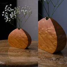 two photos of flowers in a wooden vase on a table top, one with white flowers and the other without