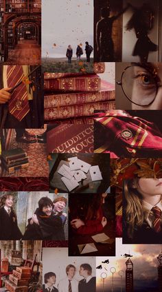 a collage of harry potter images with books and people in the background as well as photoshopped