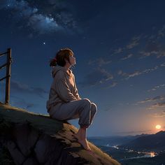 a woman sitting on top of a cliff looking at the sky with stars in the background