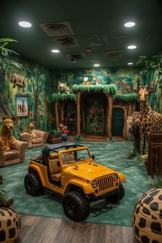 an animal themed room with a jeep and giraffes