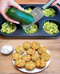 someone grating zucchini into muffin tins on a table with other food items