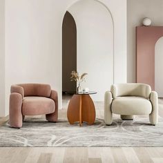 two chairs and a table in a room with arches on the wall behind them, along with a rug