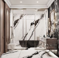 an elegant bathroom with marble walls and flooring