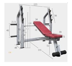 the weight bench is shown with measurements for each item in this image, it's not