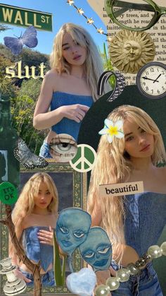 the collage is made up of photos and images with words on them, including an image of a woman in a blue dress