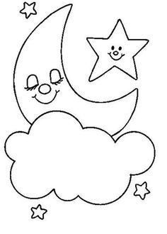 the moon and stars are in the sky with clouds coloring pages for kids to color