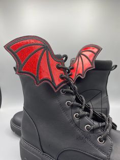 If you've ever wondered why your shoes just don't have enough wings, do we have an accessory for you! These bat wing accessories lace into the top two eyelets of your shoes and come in a Left and Right pair, one wing for each shoe! Choose from any of our bright or spooky colors! PLEASE NOTE: This listing is for one (1) pair of very cute bat wing shoe accessories. The boots and shoes pictured in this listing are for illustrative purposes only and are NOT included or for sale! PLEASE NOTE: These b Wing Accessories, Dragon Shoes, Shoes With Laces, Shoe Painting, Cute Bat, Wing Shoes, Bat Wing, Cosplay Shoes, Shoe Insoles