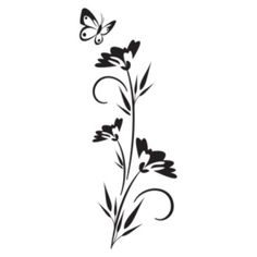 a black and white flower with butterflies flying around it