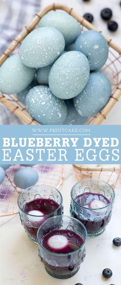 blueberry dyed easter eggs in glass bowls and on a table with blueberries next to them