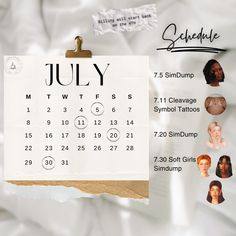 a calendar on a clipboard with images of people around it and the date for july