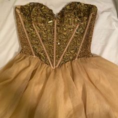 Worn Once, Absolutely Stunning Gold Color With Beaded Bodice Detailing. A Few Of The Gems Are Loose (Last Photo) But Could Easily Be Seen Back On. Sherri Hill Dress, Sherri Hill Dresses, Beaded Bodice, Sherri Hill, Gorgeous Dresses, Gold Color, Bodice, Colorful Dresses, Gems