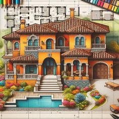 a drawing of a house with lots of color pencils